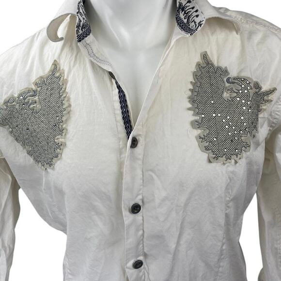 RNZ Premium Men's White Rhinestone Embroidered Long Sleeve Button Up Shirt Top M - Picture 3 of 7